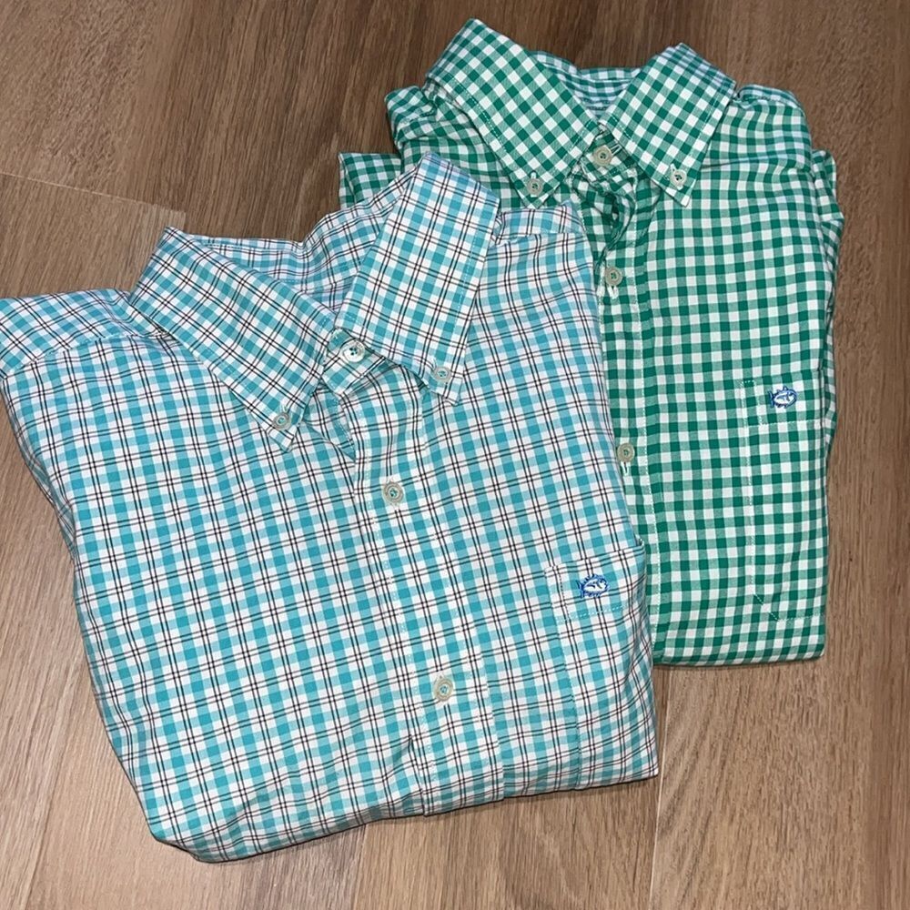 2-Green white check plaid preppy cotton spandex Southern Tide Skipjack Shirt M